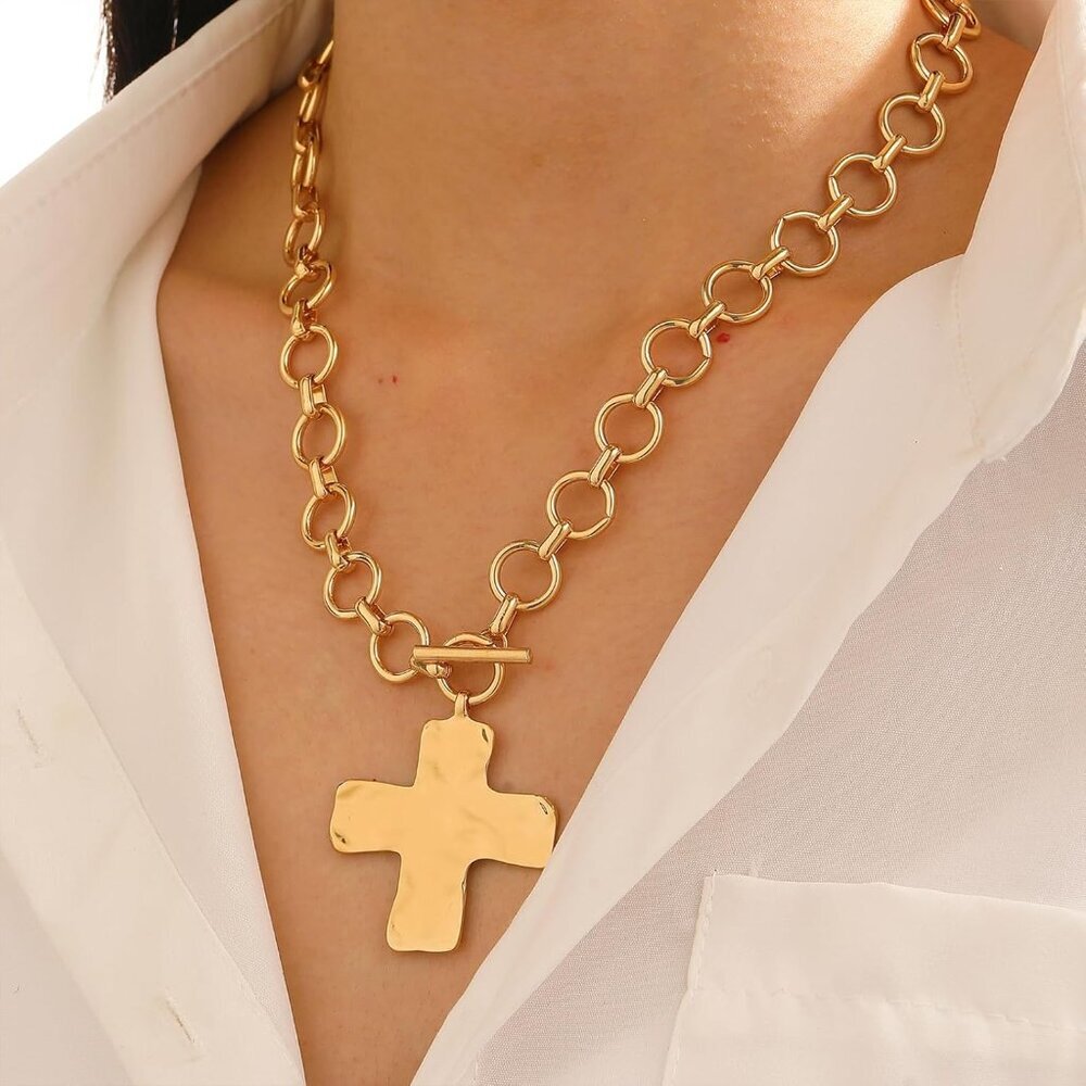 Women Gold 04 Pearl Cross Necklace - Chunky Gothic Punk Vintage Cross Jewelry - Picture 5 of 9